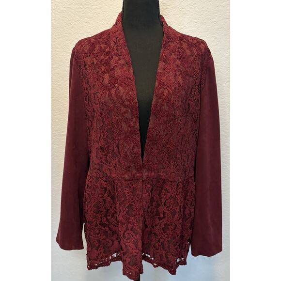 Chico’s Burgundy Faux Suede Lace Lined Jacket Hook Closure Size 2 (Large) - Picture 1 of 3
